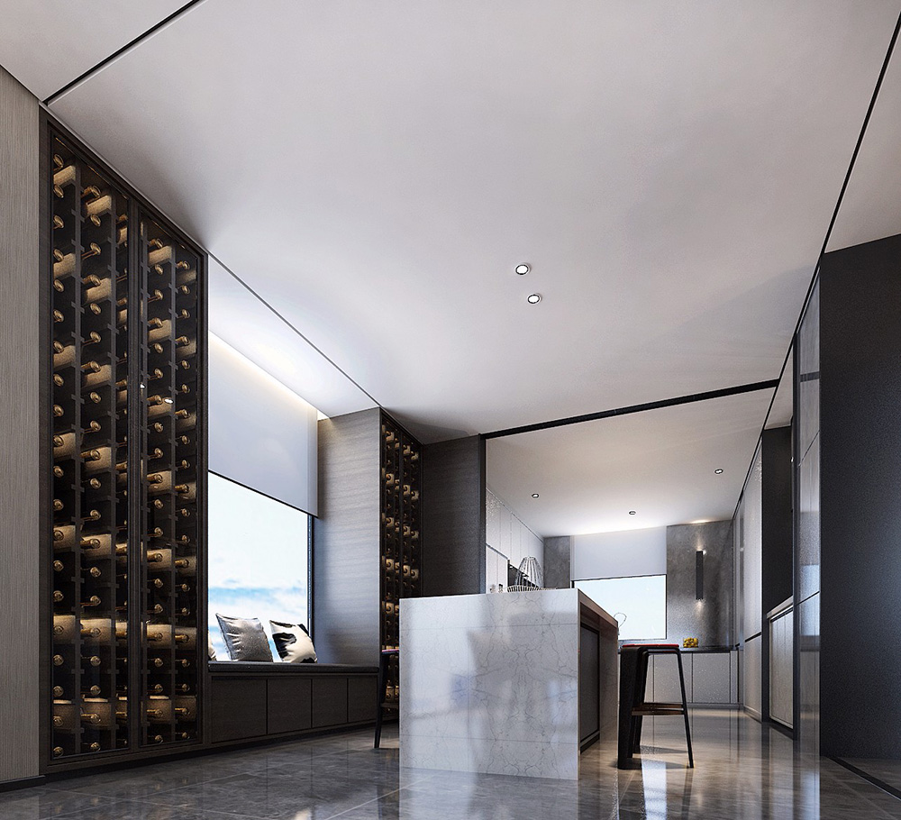 黑白灰現(xiàn)代簡約風(fēng)格室內(nèi)裝修效果圖-佛山天湖酈都別墅420平米-別墅吧臺(tái)裝修