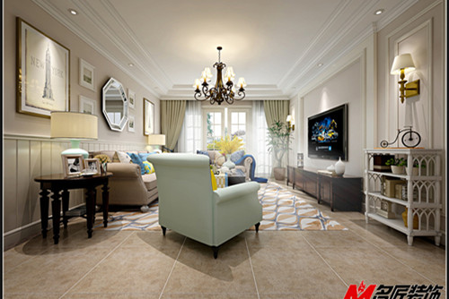 梧州市安置小區(qū)美式風(fēng)格三居室裝修案例