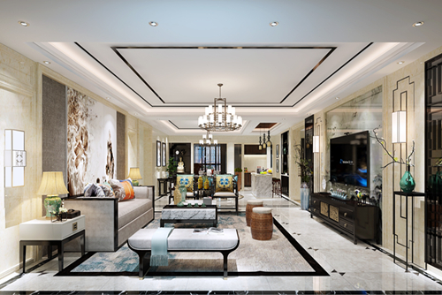 佛山市旭輝恒基鉑仕灣新中式風(fēng)格三居室裝修案例